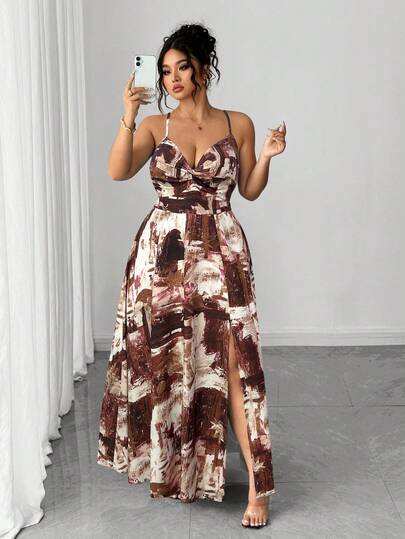 Elenzga Plus Size Women's New Arrival Fully Allover Print Ruched Twist Hem Slit Fashionable Vacation Party Cami Dress Sexy Maxi Dress Women Vacation Dress Long Dress Summer