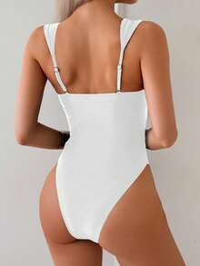 Swim Chiccia Maillot de bain une pièce sexy et ajouré de couleur unie pour femmes, été - Blanc - Voir 2