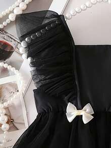 SHEIN 女婴夏季韩版修身可爱粉色编织拼接彩色网纱荷叶边蝴蝶结装饰连衣裙 - 黑色 - 查看 5