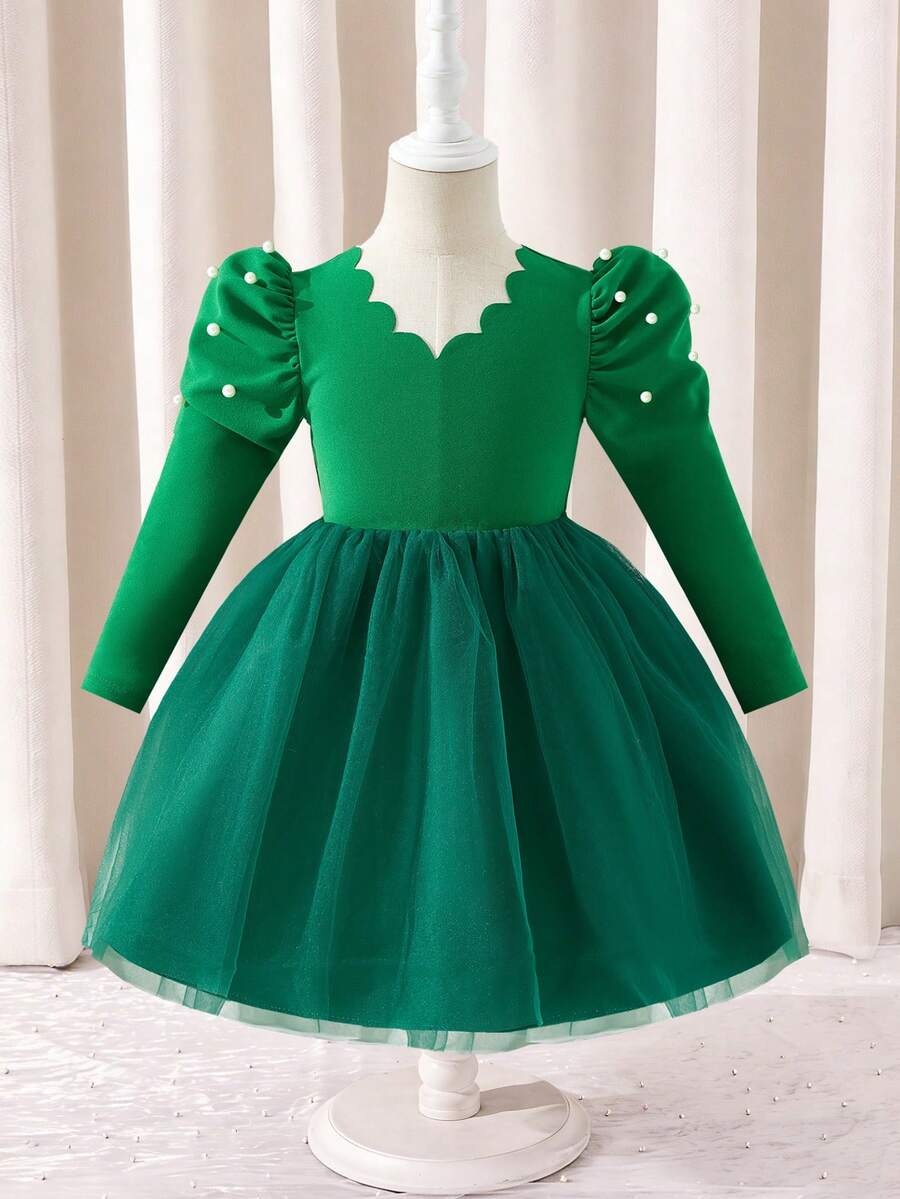 Glamorique Kids Girls' Elegant Sage Green High-End Long Sleeve Dress,Gigot Sleeve With Pearl Decor,Autumn Wedding Guest Gown,Noble Party Christmas Dress For Daily - Green - View 1