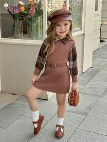 SHEIN Elladie kids Young Girl Plaid Print Belted Dress - Multicolor - View 5