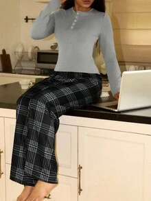 Lowkey Lull Women's Retro Casual Ins Plaid Print & Comfortable Button Pajama Set Plaid Pants Casual Two Piece Set - Multicolor - View 5