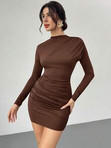 Firerie Vestido mini de manga larga con pliegues de unicolor elegante para mujer - Marrón - Ver 8