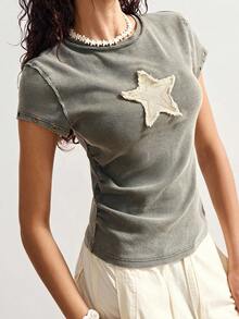 Bohemela Áo thun nữ dệt kim màu trơn cổ điển giản dị, phù hợp cho mùa hè và mùa thu - xanh quân đội - Xem 2