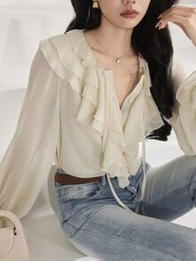 Heiryn 女士纯色荷叶边下摆时尚百搭长袖衬衫，适合工作和度假穿着 - 杏色 - 查看 1