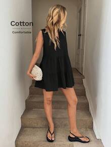 Easowa Sleeveless Stand Collar Pleated Hem A-Line Dress With Pockets, Casual Holiday Elegant Streetwear Mini Dress For Women,Dresses For Women Summer - Black - View 6