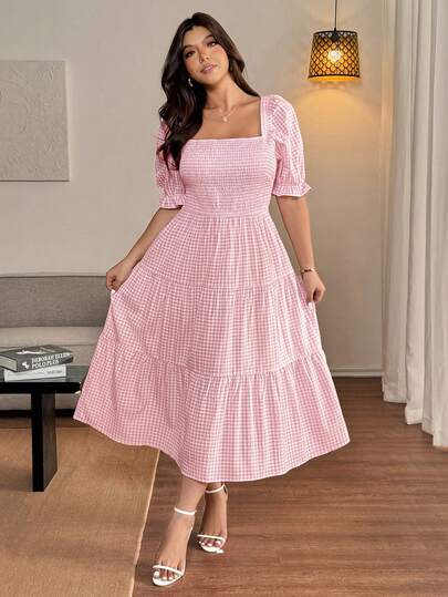 Vionelle Plus Size Women Elegant Plaid Cable Knit Cinched Waist Dress Picnic Dress For Woman Summer Dress Milkmaid Dress French Style Dress Cottagecore Dress