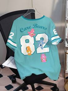 SHEIN X Care Bears T-shirt à col rond à manches courtes avec imprimé numérique et ours, style décontracté grande taille pour l'été