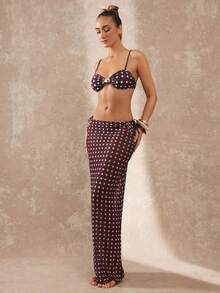 Lumalex 新款比基尼系列，女士奢华巧克力波点三件套沙滩装，包括贝壳装饰抹胸比基尼上衣、可调节系带比基尼泳裤和高腰飘逸薄纱长款罩衫裙，薄纱罩衫裙沙滩套装，夏季海滩，优雅浪漫度假女士泳装套装，包含比基尼上衣、比基尼泳裤和裙子，适合夏季泳池和海滩穿着。 - 彩色 - 查看 8