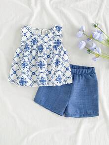 SHEIN Vintaside Kids 女婴白色纯色提花纹理面料圆领无袖露脐褶皱上衣，饰以彩色波点印花，搭配粉色弹力腰舒适简约短裤，休闲度假装扮，春夏皆宜。 - 藍色 - 查看 7