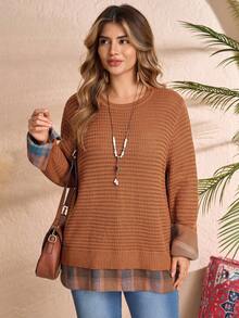 Rusticease 大码女式格子拼接圆领长袖休闲宽松套头毛衣，秋冬橙色毛衣乡村风格乡村音乐会 - 鏽棕色 - 查看 3