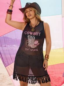 Swim Vcay Áo choàng đi biển không tay họa tiết hoa tua rua cỡ lớn cho nữ - màu đen - Xem 1