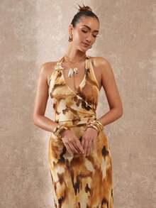 Lumalex 女士动物纹印花多色棕色咖啡金属装饰露背沙滩罩衫连衣裙 - 彩色 - 查看 4