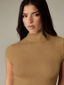 MISSGUIDED Ribbed Knit Mini Dress With Crew Neckline Short Sleeves Fitted Bodycon Style Fall Winter Casual Wardrobe Essential - Beige - View 6