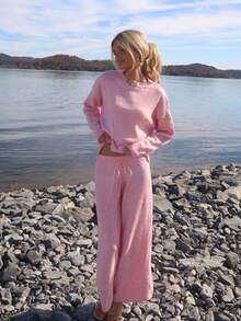 Sydney Algeri 2pcs Women Casual Loose Fit Drop Shoulder Long Sleeve Sweater And Knit Pants Set, Autumn