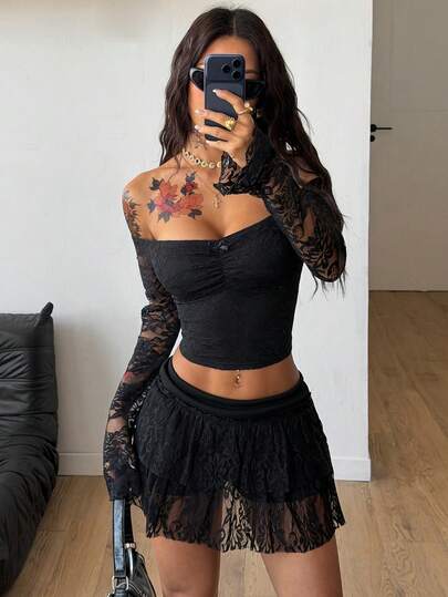 Coolane Summer Tops Y2K Tops All-Season Streetwear Concert Outfit Rave Outfit Festival Going Out Party Vintage Sexy Chic Elegant Cave Fashion Lace Stretchy Comfortable Black Off The Shoulder Long Sleeve T-Shirt