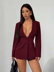 SHEIN PETITE 女款純色深V領長袖單鈕扣時尚西裝外套黑色洋裝 秋冬酒紅色 小碼女款 - 酒紅色 - 查看 4