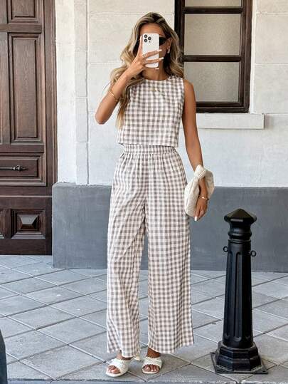 Pariaura Women's Plaid Sleeveless Cardigan And Pants Set Gingham Set Casual Jumpsuits For Woman Plaid Two Piece Set Sleeveless Jumpsuit Elegant Jumpsuit For Women