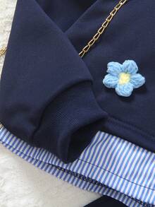 Elladie kids 2pcs/Set Girls Korean Style Loose Floral Gray Sweatshirt With Bow Decor, Looks Like Two Pieces