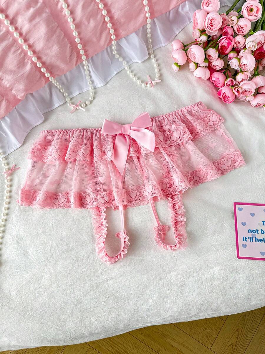 1pc Sheer Heart Design Sexy Panties, Sweet Style - Pink - View 1