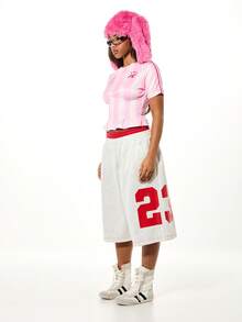 SUMWON WOMEN Striped Shirred Football Jersey Crop Top With Short Sleeves And Crew Neck Athletic Number Print - Pink - View 5