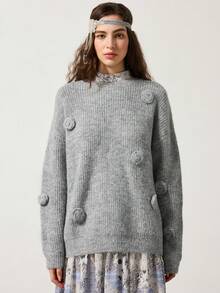 MYSTAURA Casual Round Neck 3D Floral Loose Knit Sweater, Autumn/Winter - Grey - View 6