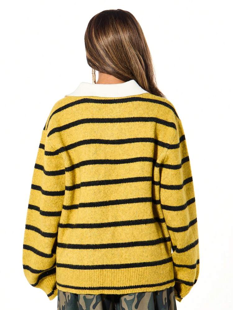 SUMWON Oversized Drop Shoulder Striped Long Sleeve V Neck Knitted Pullover Sweater With NYC Athletic Text Print