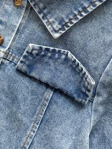 SHEIN Vintaside Kids Rochie de primăvară/toamnă pentru fete, cu guler răsturnat, mânecă lungă, la modă, elegantă, din denim spălat, de înaltă calitate, potrivită pentru activități casual în aer liber și întâlniri cu prietenii, oferind un aspect confortabil și relaxat, cu un design simplu și confortabil. - Bleu - Vizualizare 8
