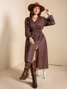 Comfylo 大码秋装女式豹纹 V 领长袖优雅开衩下摆连衣裙，秋冬/感恩节女装/万圣节服装/长款女装/秋装曲线感恩节装节日装节日派对连衣裙加大码 - 棕色 - 查看 3