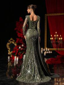 Glamrae 优雅橄榄绿奢华珠饰亮片拼接缎面薄纱长袖扭结胸腰透视美人鱼高开衩侧褶正式礼服，适合各种正式场合，如约会、婚礼、度假、单身派对、盛大活动等。 - 橄欖綠 - 查看 3