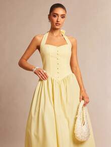 Silquee Váy xòe chữ A thắt eo hở lưng màu vàng thời trang xuân/hè, váy bồng, váy không tay, váy sinh nhật, thích hợp cho hẹn hò, đi chơi, tiệc hộp đêm, tiệc sang trọng, trang phục hàng ngày, váy dự tiệc, váy biểu diễn sân khấu, trang phục sang trọng, váy phù dâu, trang phục mùa cưới, váy cocktail, váy dạ hội, trang phục đi nghỉ - Màu vàng - Xem 1