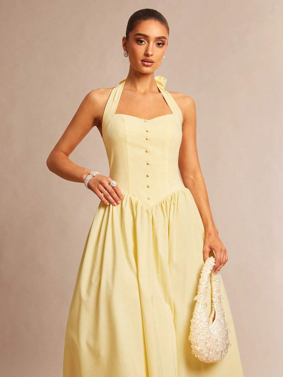 Silquee Váy xòe chữ A thắt eo hở lưng màu vàng thời trang xuân/hè, váy bồng, váy không tay, váy sinh nhật, thích hợp cho hẹn hò, đi chơi, tiệc hộp đêm, tiệc sang trọng, trang phục hàng ngày, váy dự tiệc, váy biểu diễn sân khấu, trang phục sang trọng, váy phù dâu, trang phục mùa cưới, váy cocktail, váy dạ hội, trang phục đi nghỉ - Màu vàng - Xem 1