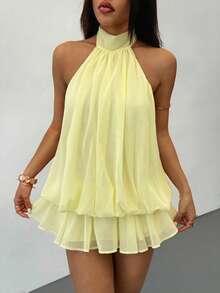 SHEIN PETITE Váy ngắn buộc dây màu vàng nhạt thanh lịch dành cho nữ, phù hợp cho tiệc tùng, hẹn hò, thu/đông, xuân/hè - Màu vàng - Xem 5
