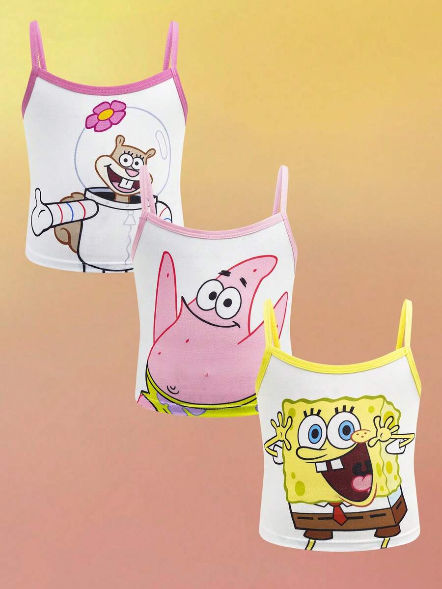 SpongeBob SquarePants | SHEIN Young Girl 3pcs/Set Cute Cartoon Pattern Camisole , Age 4-7Y - White - View 1