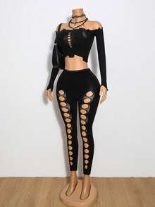 Jeanoix 1 Set Sexy Black Punk Style Shoulder Top And Pants Women Two Pieces Outfits - Black - View 1