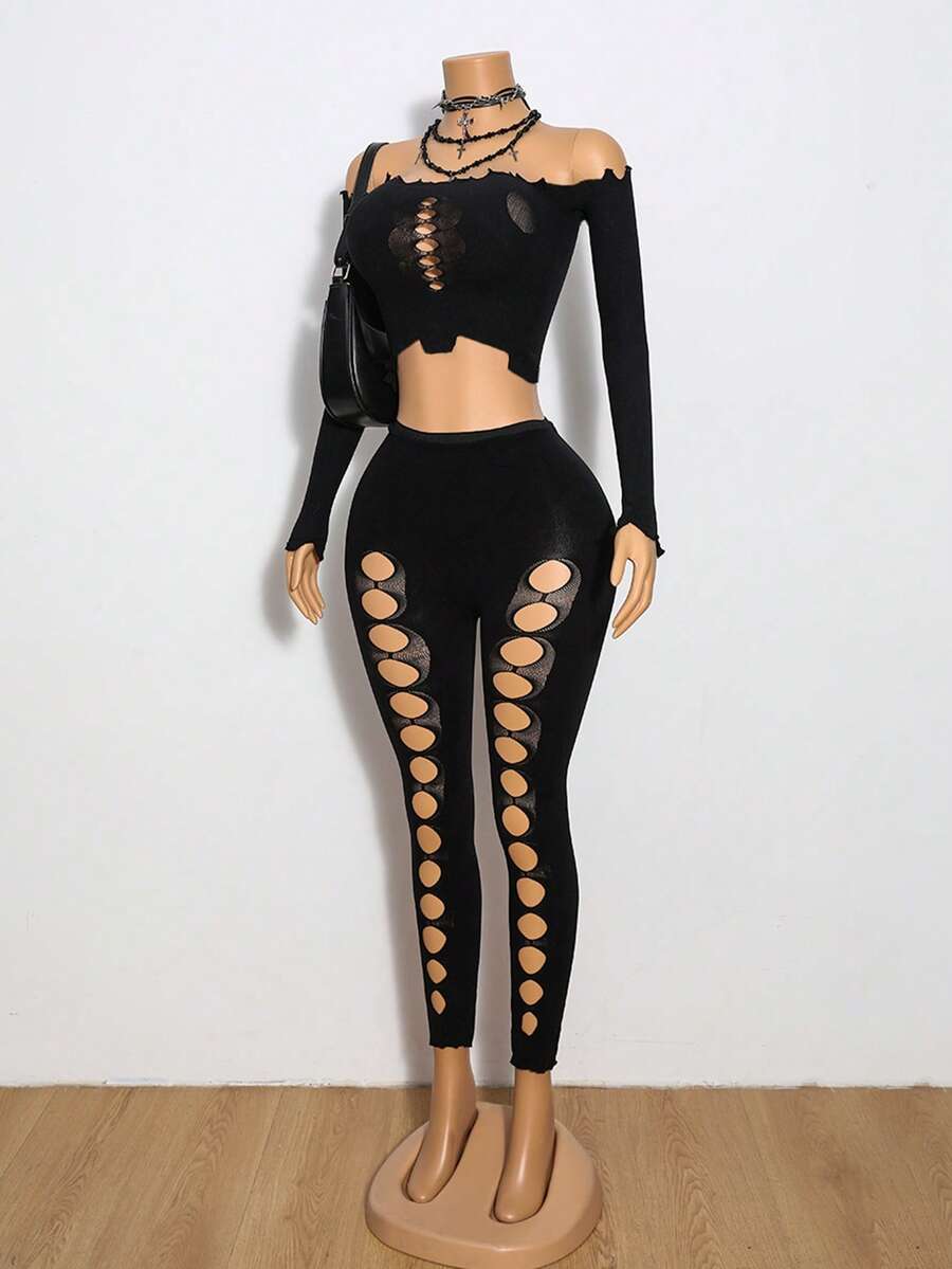 Jeanoix 1 Set Sexy Black Punk Style Shoulder Top And Pants Women Two Pieces Outfits - Black - View 1