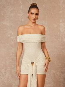Lumalex Early Spring Soft & Comfortable Floral Off-Shoulder Cinched Waist Ruffle Hem Metal Buckle Decor Tie-Up Mini Dress PreSpringDresses For Women Luxury NewYearNewLook QuietLuxe Prom Gathering Party Banquet Modest Old Money Glitter Holiday Party Rave Festival Outing Vacation Hot Outdoor Richly Layered Wedding VDayGiftGuide RomanticVDayOutfit Season Banquet ID Party New Year Looks Of Party Party Dress PreSpringDresses For Autumn - Apricot - View 5