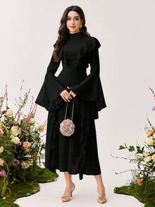 Modelyn Ruffle Flare Sleeve Long Fitted Dress For Women - Black - View 4