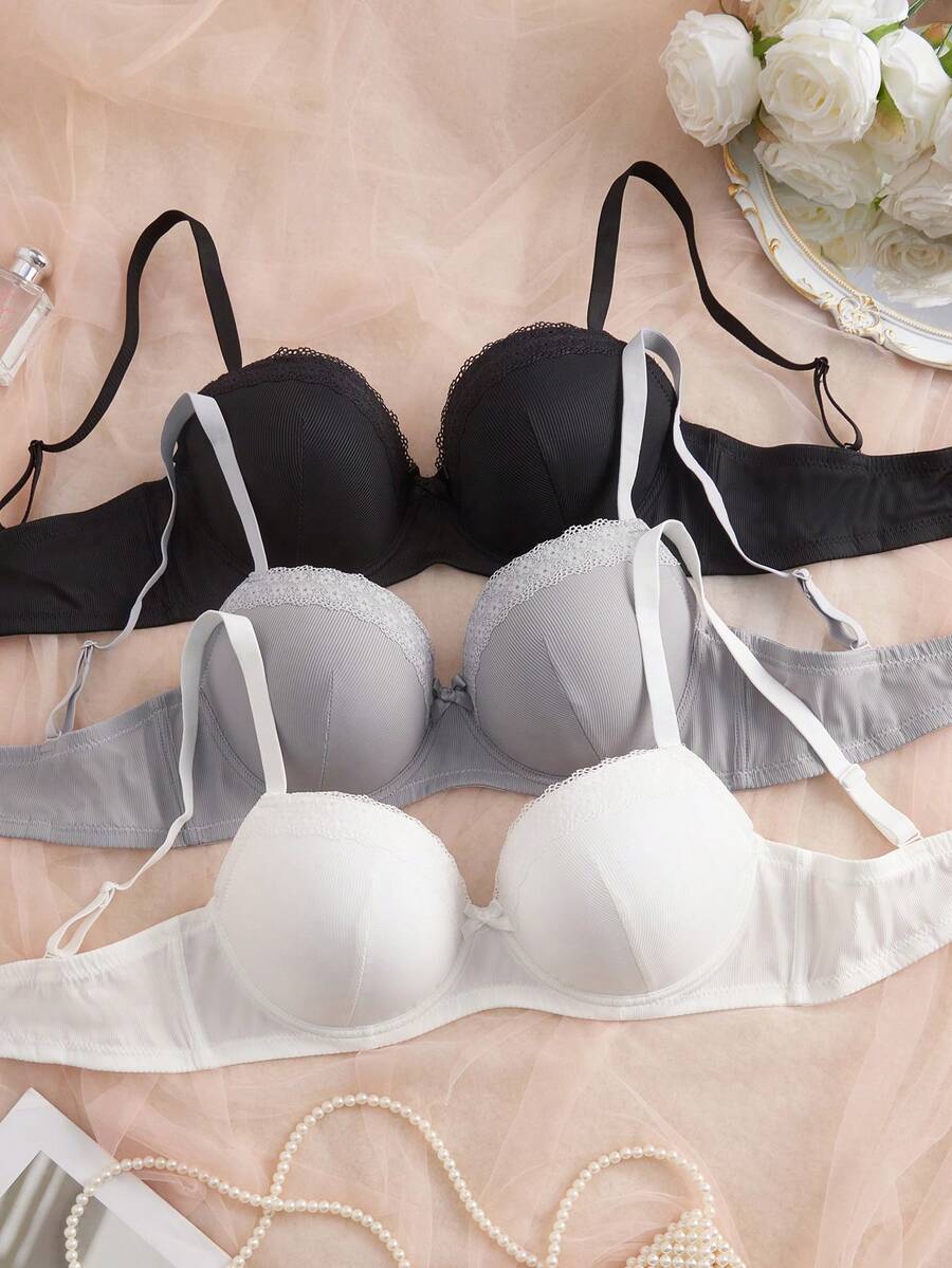 DesireSculpt 3pcs/Set Women's Plus Size Solid Color Lace Trim Underwire Bras - Multicolor - View 1