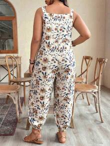 EMERY ROSE Plus Size Women's Adjustable Waist Printed Jumpsuit, Fashionable For Spring/Summer Vacation - Apricot - View 2