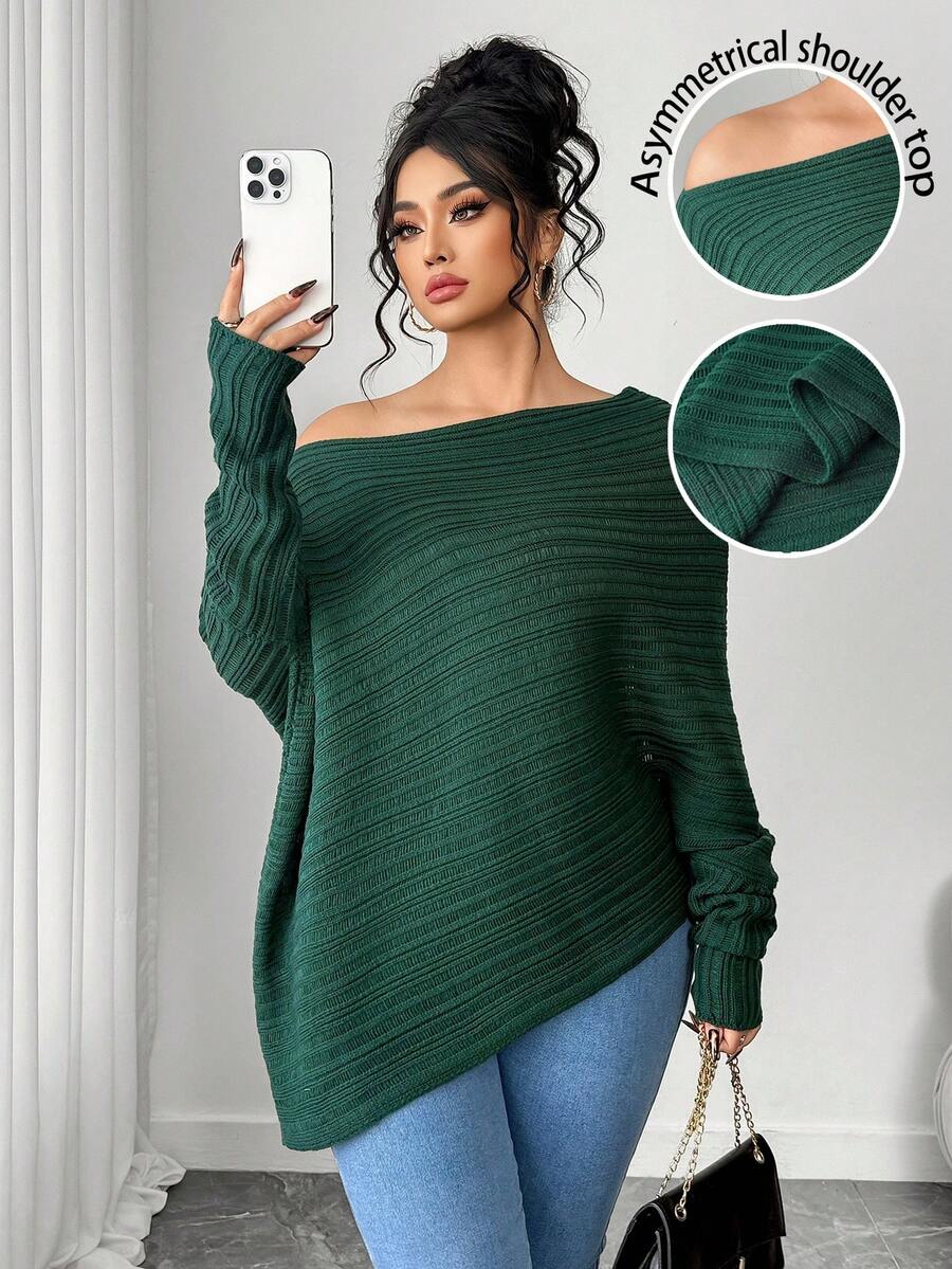 SHEIN Elenzya Áo len chui đầu dáng rộng vai chéo thanh lịch tinh tế cỡ lớn - màu xanh lá - Xem 1