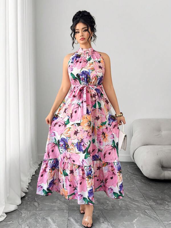 SHEIN Elenzya Plus Size Women Floral Print Tie Waist Dress, Fashion Resort Wear