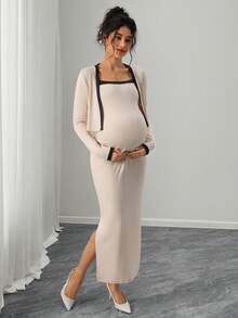 Momance 2pcs Maternity Outfit: Contrast Color Minimalist Casual Sleeveless Dress & Long Sleeve Jacket Set - Apricot - View 5