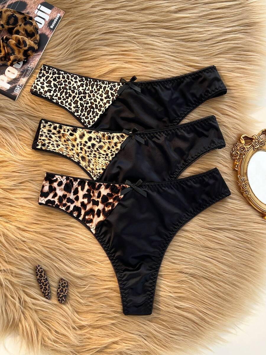 SHEIN 3pcs Women's Leopard Print Bow Decor Thong Panties Set - Multicolor - View 1