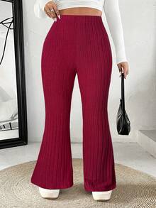 SHEIN EZwear Plus Size Women Solid Color Casual Versatile Flared Pants - Red - View 5
