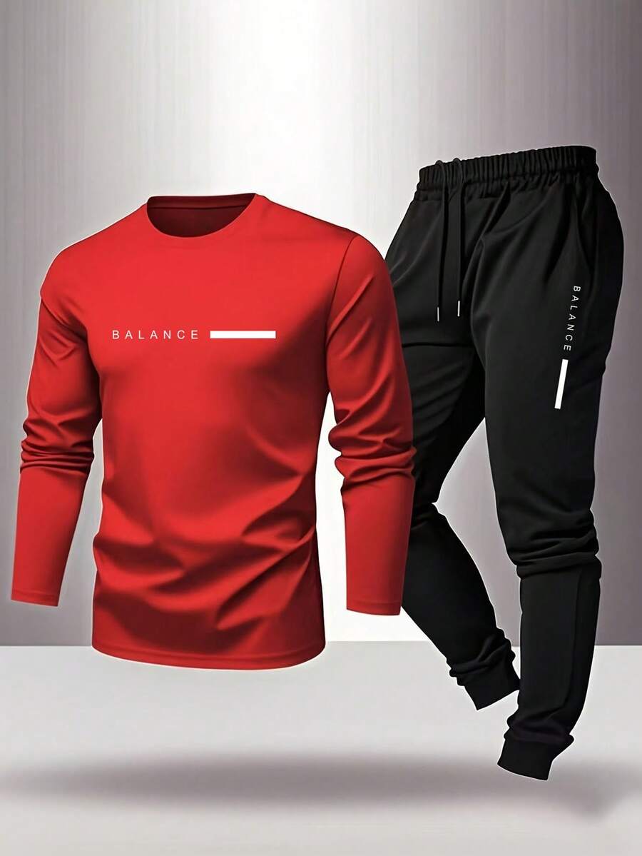 Manfinity Sport Corelite 男士休闲圆领长袖套头运动服套装 长袖健身套装 健身套装 长袖健身套装 运动套装 - 紅色 - 查看 1