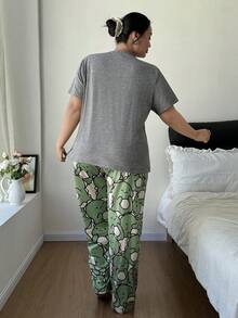 Dream Adore Bộ đồ ngủ tay ngắn in hình khủng long dễ thương cỡ lớn - Xám - Xem 2