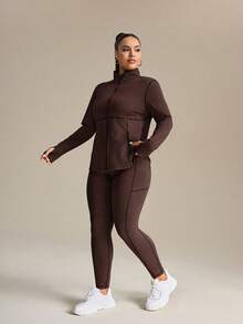 SHEIN Rhythm Era 女士加大码立领拉链长袖上衣和打底裤休闲日常户外运动套装 - 咖啡棕 - 查看 1