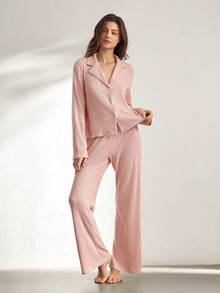 Ocili Soft & Comfortable Waffle Texture Simple Shell Button Baby Pink Long Sleeve & Pants Collar Placket Casual Women Pajama Set - Pink - View 3