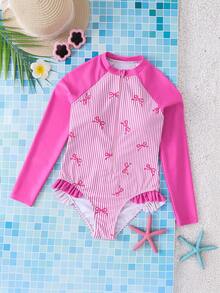 SHEIN Emery Rose Kids 少女夏季海滩度假长袖可爱蝴蝶结条纹印花连体泳衣 - 白色 - 查看 5